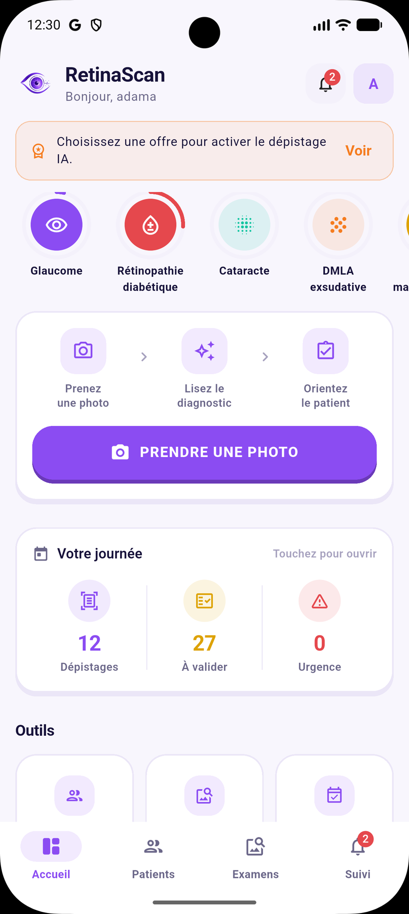Accueil de l'application mobile : les maladies dépistées, le bouton Prendre une photo et l'activité du jour.